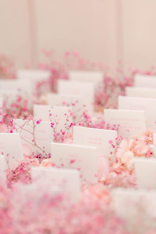 In questa foto un tableau de mariage con escort card decorato con gypsophila di colore rosa e fucsia