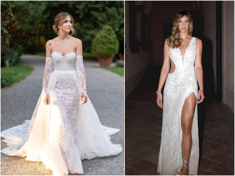Questa immagine è un collage con le due foto di Francesca Ferragni nel giorno del suo matrimonio, mentre indossa i due abiti da sposa firmati per lei da Atelier Emé
