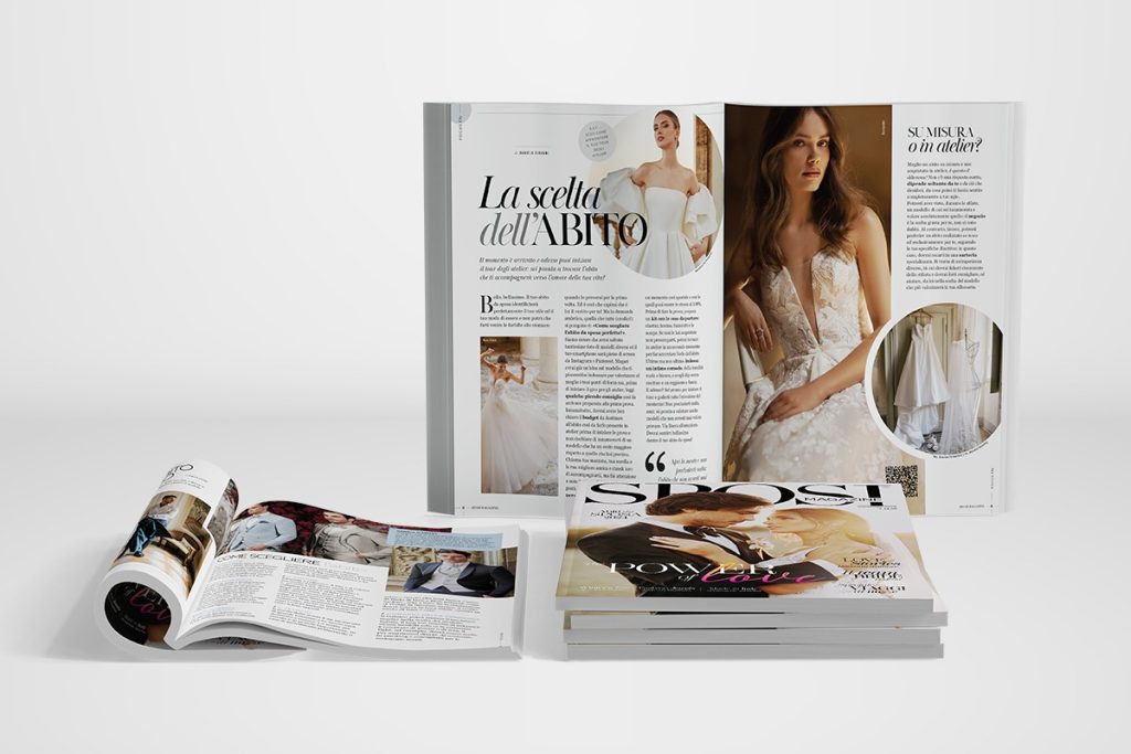 In questa immagine le pagine dedicata alla Guida all'abito da sposa, pubblicata nel nuovo numero della rivista Sposi Magazine