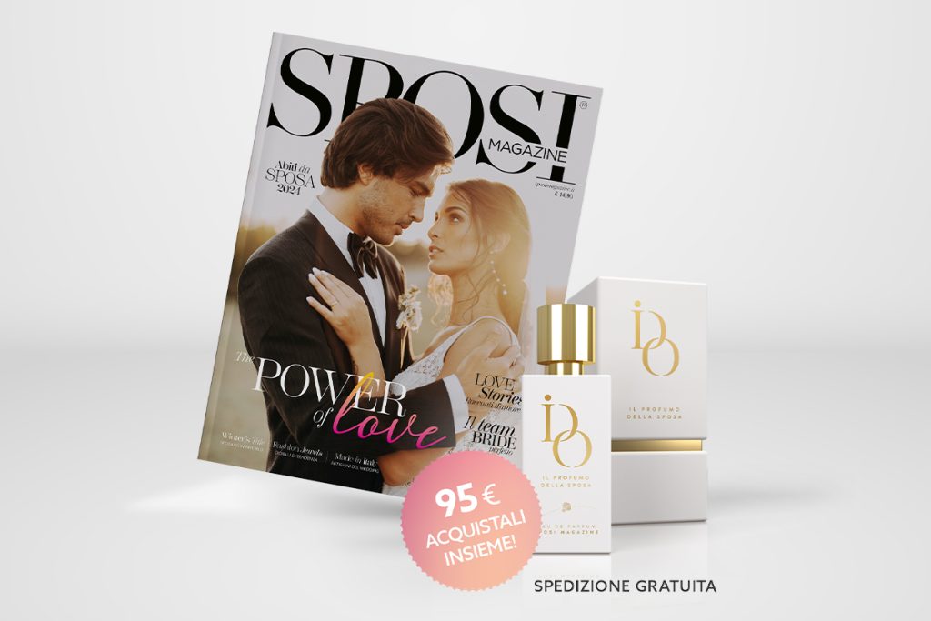 Questa immagine rappresenta la cover della nuova edizione di Sposi Magazine in vendita insieme al profumo della sposa I Do