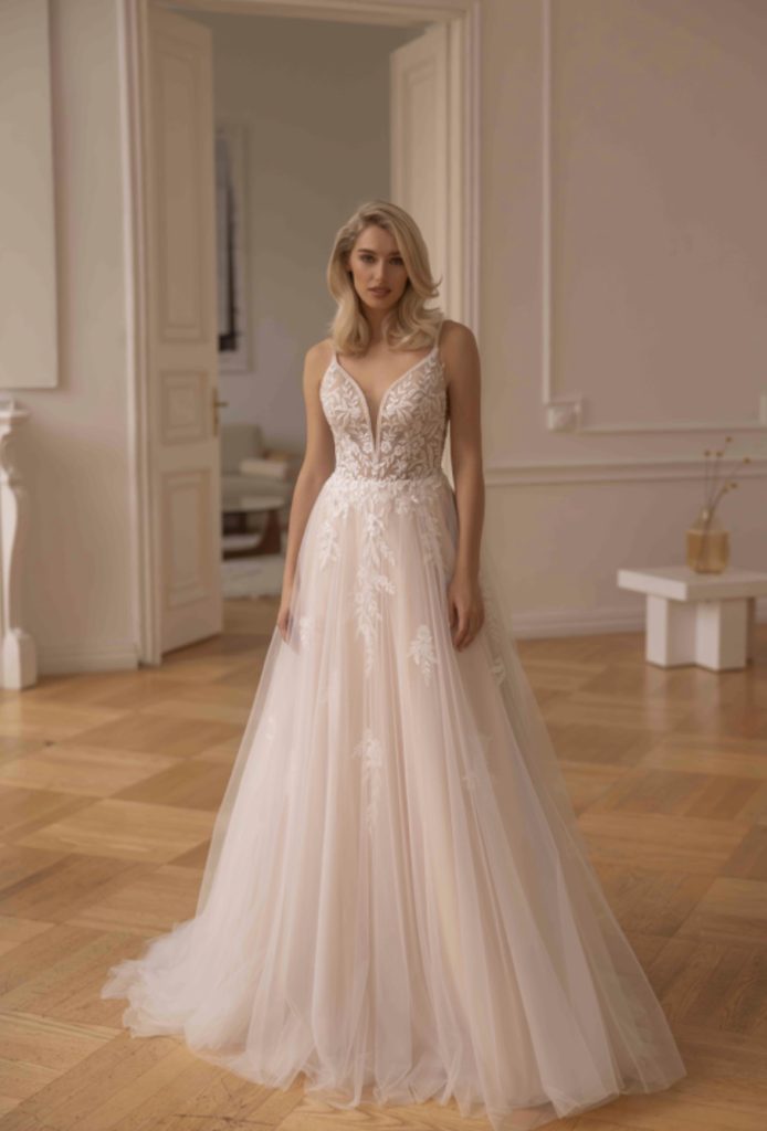 In questa immagine un modello che fa parte degli abiti da sposa Elizabeth Passion con corpetto in pizzo e gonna in tulle.