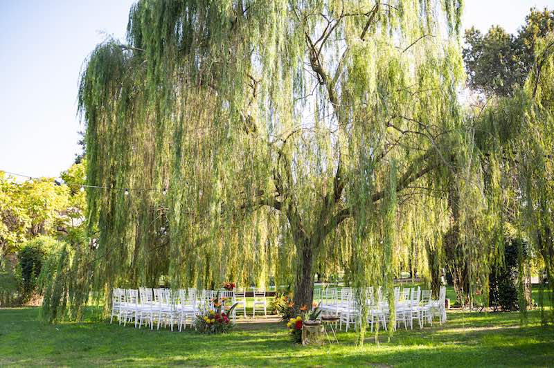 In questa foto la location della cerimonia simbolica delle nozze di Silvia e Alessandro organizzata da OttoQuattro Eventi e celebrata sotto al salice piangente del parco di Corte Ortalli