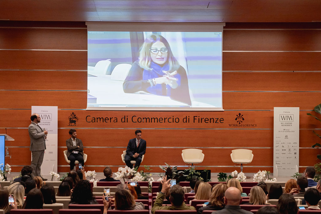 In questa foto un momento dell'intervento del Ministro del Turismo, Daniela Santanché, al WIM 2023