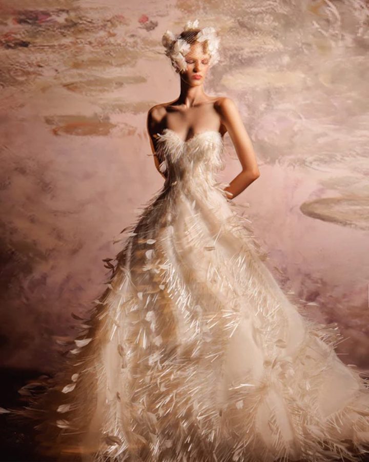 In questa foto una modella posa indossando un abito da sposa ampio con plumage all over di Gemy Maalouf