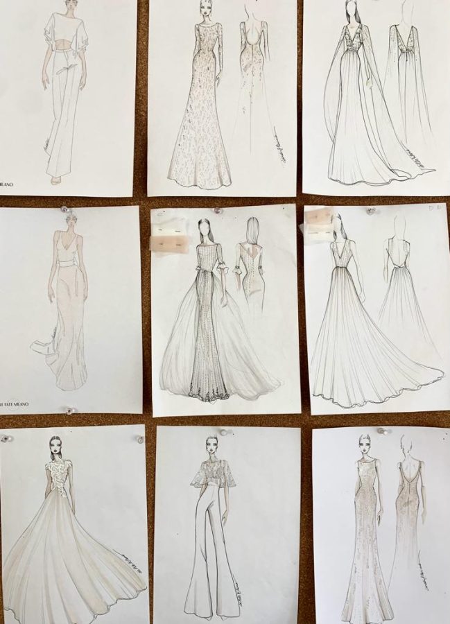 In questa foto 9 bozzetti di abiti da sposa Le Fate Milano Couture