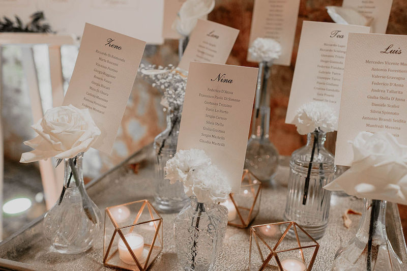 In questa foto il dettaglio del tableau de mariage del matrimonio di Lucio e Federica con i nomi dei tavoli dedicati ai loro cani