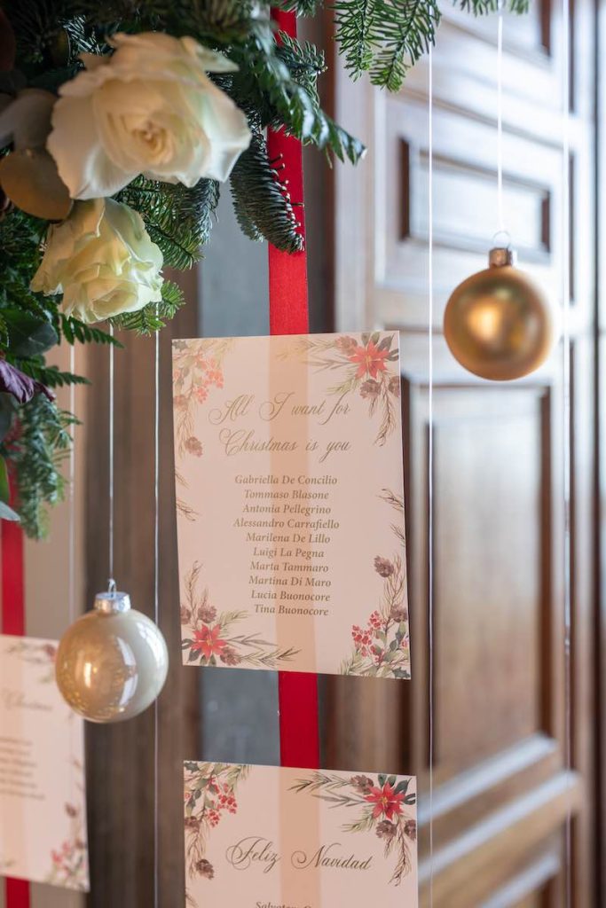 In questa foto il dettaglio tableau de mariage realizzato dal Wedding Planner Stefano Miranda per il matrimonio a tema Natale di Matteo e Pinacon rose di colore bianco e rosso e palline appese