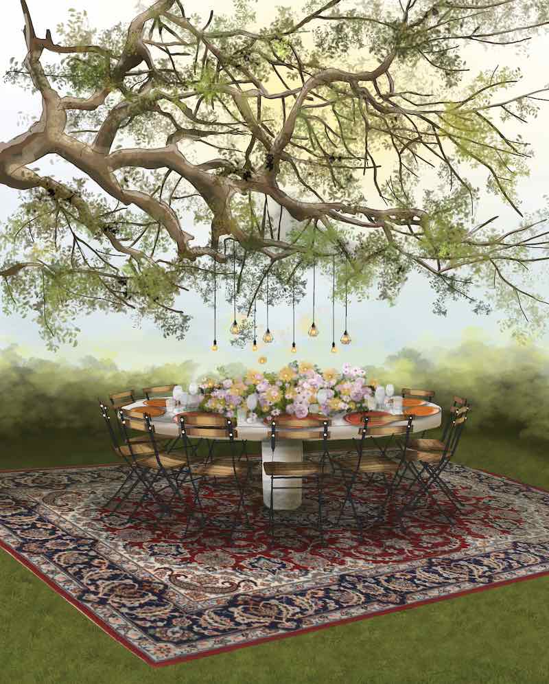 In questa foto il bozzetto realizzato dalla Wedding Designer Claudia Bettini di un allestimento di nozze su un prato sotto un grande albero decorato con piccole luci