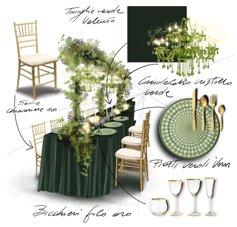 In questa foto il bozzetto realizzato dalla Wedding Designer Claudia Bettini che mostra i dettagli di una mise en place di nozze nei toni del verde, dell'oro e del bianco panna