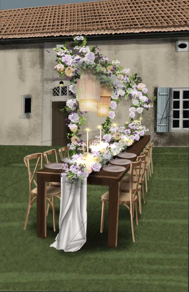 In questa foto il bozzetto realizzato dalla Wedding Designer Claudia Bettini con la vista diurna di un tavolo di nozze allestito nei toni del lilla e del giallo