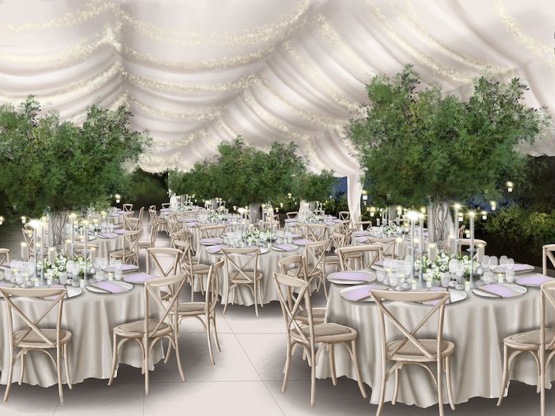 In questa foto il bozzetto realizzato dalla Wedding Designer Claudia Bettini dell'allestimento di un ricevimento di nozze all'aperto sotto teli di colore bianco
