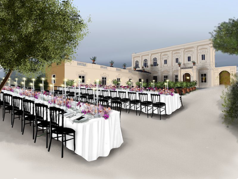 In questa foto il bozzetto realizzato dalla Wedding Designer Claudia Bettini di un ricevimento di nozze all'aperto sviluppato con due lunghi tavoli imperiali decorati con sedie di colore nero e fiori di colore fucsia, rosa e arancione