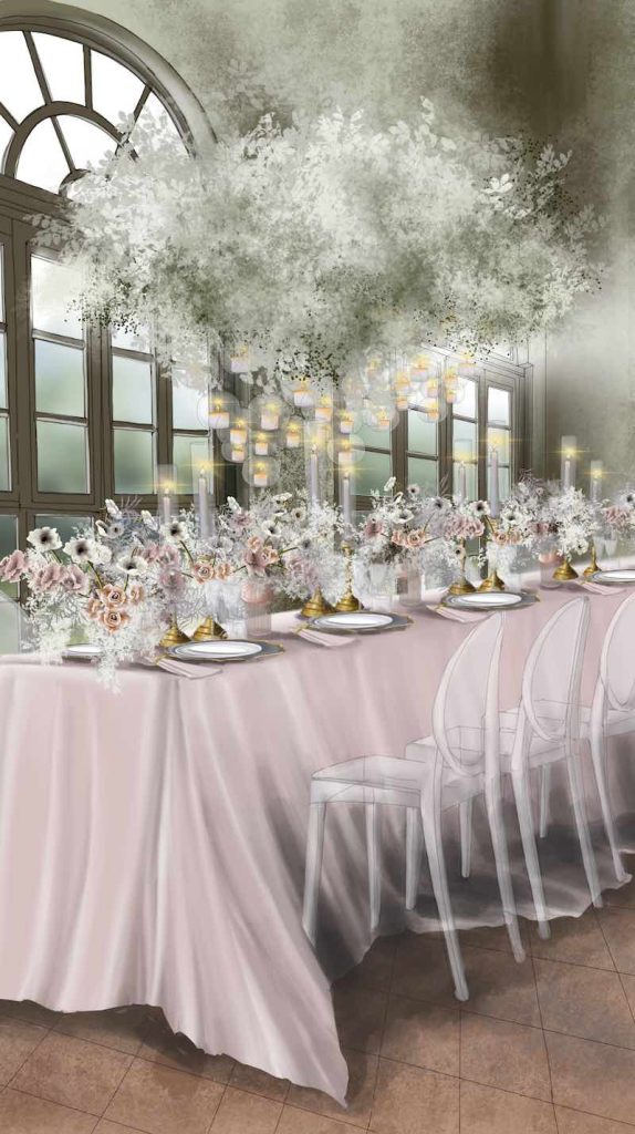In questa foto il bozzetto di un allestimento realizzato dalla Wedding Design Claudia Bettini su un tavolo rettangolare decorato nei toni del rosa, del bianco e dell'oro