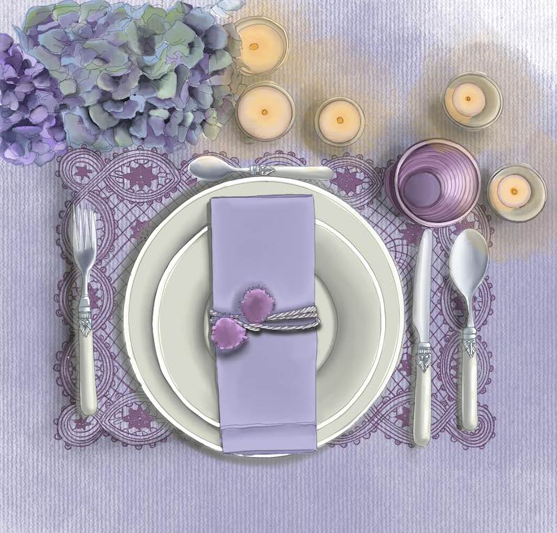 In questa foto il bozzetto di una mise en place realizzato dalla Wedding Design Claudia Bettini nei toni del lilla