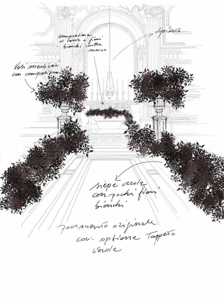 In questa foto il bozzetto realizzato dalla Wedding Designer Claudia Bettini di uno degli altari della Basilica di San Pietro allestito con fiori e piante per un matrimonio