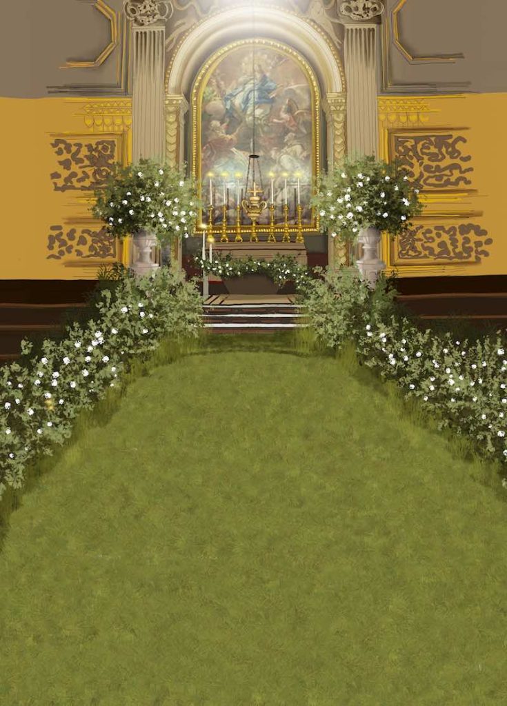 In questa foto il bozzetto realizzato dalla Wedding Designer Claudia Bettini di uno degli altari della Basilica di San Pietro allestito con fiori e piante per un matrimonio lungo una navata decorata con un manto d'erba artificiale