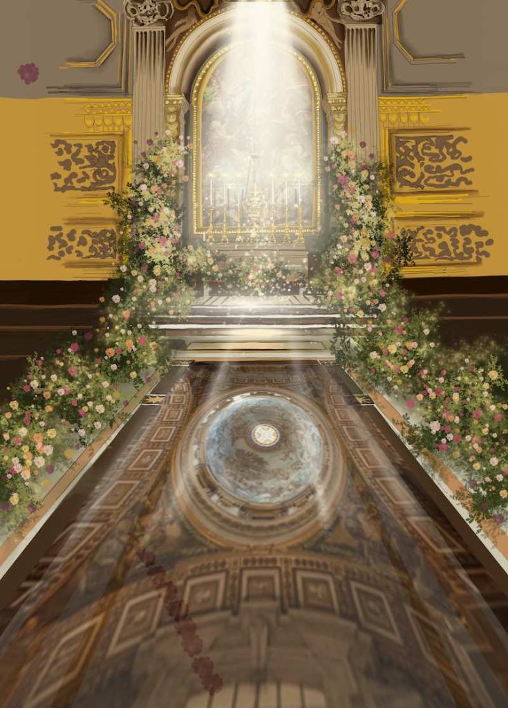 In questa foto il bozzetto realizzato dalla Wedding Designer Claudia Bettini di uno degli altari della Basilica di San Pietro allestito con fiori e piante per un matrimonio lungo una navata decorata con un superficie a specchio