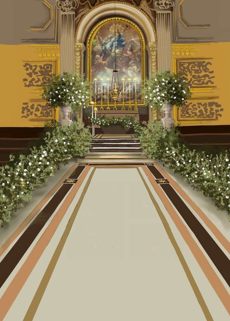 In questa foto il bozzetto realizzato dalla Wedding Designer Claudia Bettini di uno degli altari della Basilica di San Pietro allestito con fiori e piante per un matrimonio
