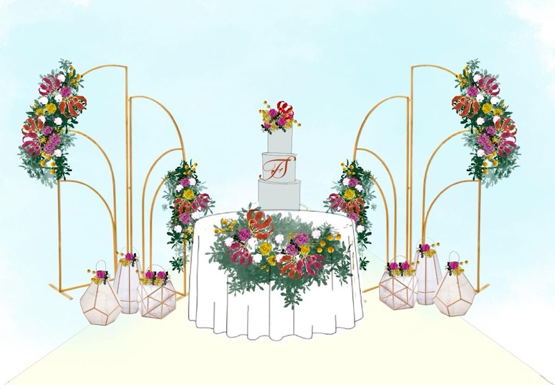 In questa foto il rendering dell'allestimento del taglio torta della nozze di Francesco e Simona progettato da The Bride by Elisabetta Alexis 