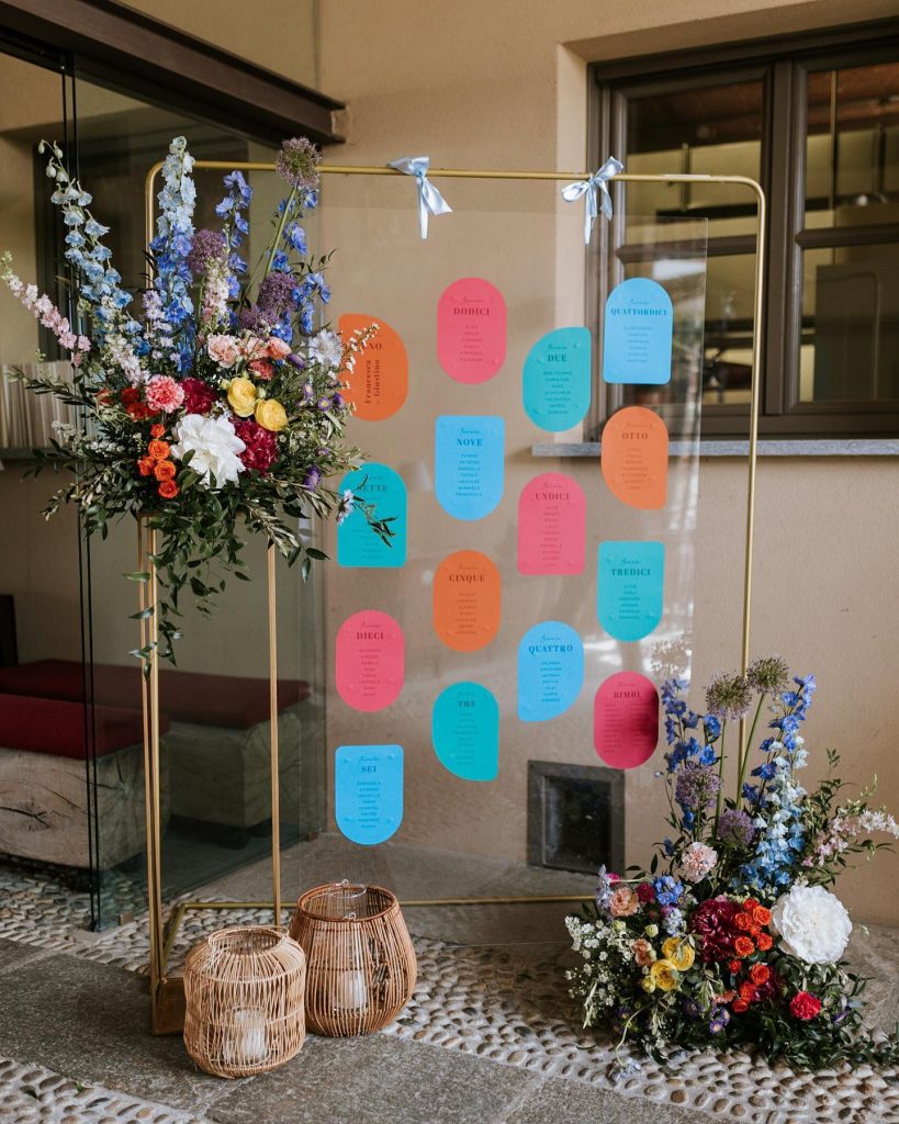 In questa foto un allestimento floreale nel tableau de mariage  matrimonio 2024