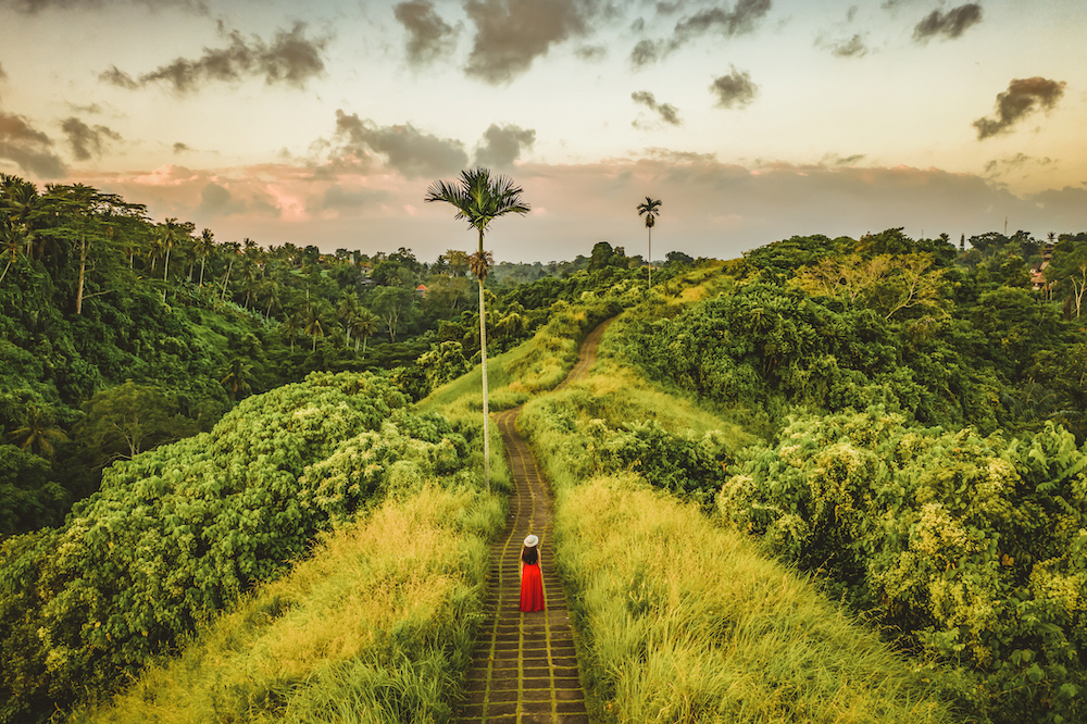 In questa foto, una ragazza in un campo verde in Indonesia