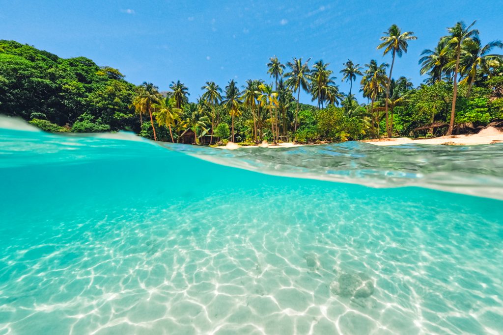 In questa immagine una spiaggia di Bora Bora durante il viaggio di nozze negli Stati Uniti e mare