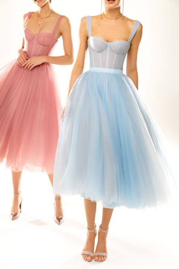 In questa foto la modella indossa un abito con bustier e gonne di tulle 2024