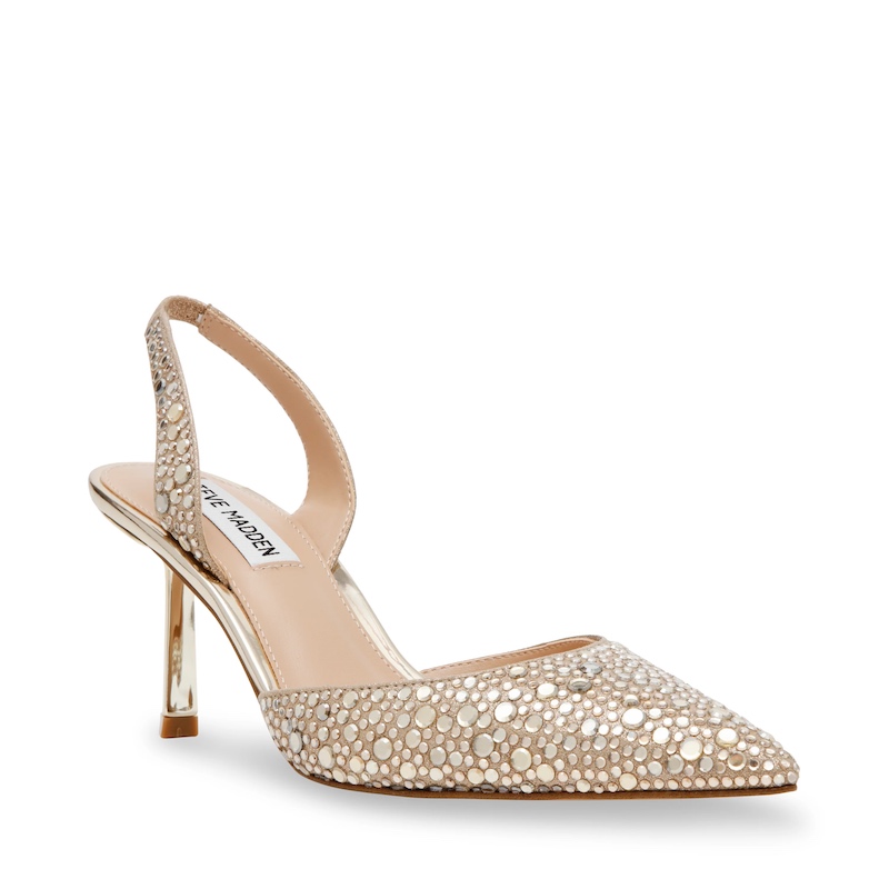 In questa foto, scarpe da cerimonia donna 2025 Steve Madden modello slingback colore oro con applicazioni di strass rotondi