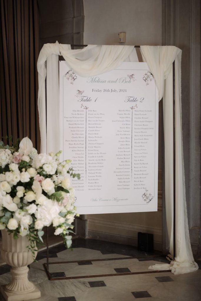 In questa foto, il tableau de mariage del matrimonio di Melissa e Bob firmato da Corsini.Events