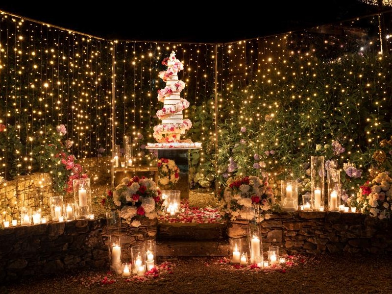 In questa foto si vede una torta nuziale da usare come ispirazione per capire quale torta scegliere per il matrimonio. La torta è a piani e decorata con lucine e fiori freschi
