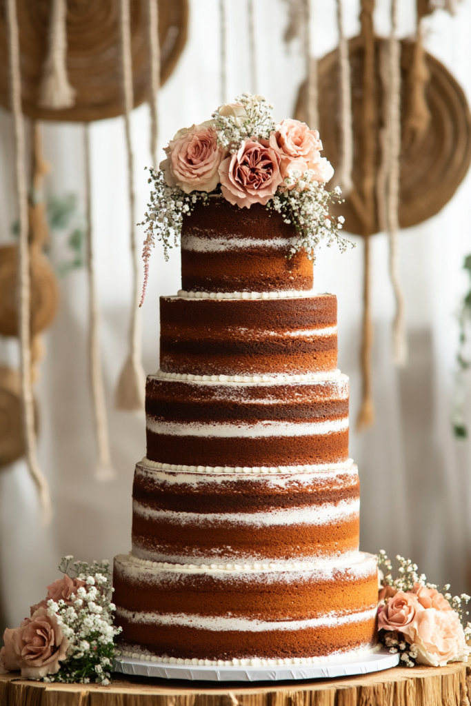 In questa foto che mostra Quale torta scegliere per il matrimonio" si vede una torta nuda ("naked cake") a cinque piani, di colore marrone con strati visibili di crema bianca. La torta è decorata con fiori freschi di colore rosa cipria e bianco sulla sommità e alla base. Il contesto è boho e naturale, con decorazioni in corda e tessuti in sottofondo