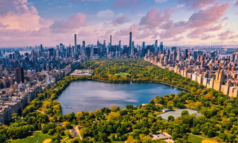 Immagine aerea di Central Park al centro di Manhattan, circondato da grattacieli. Il parco è un'oasi verde con un grande lago centrale, immerso in una giungla urbana moderna.