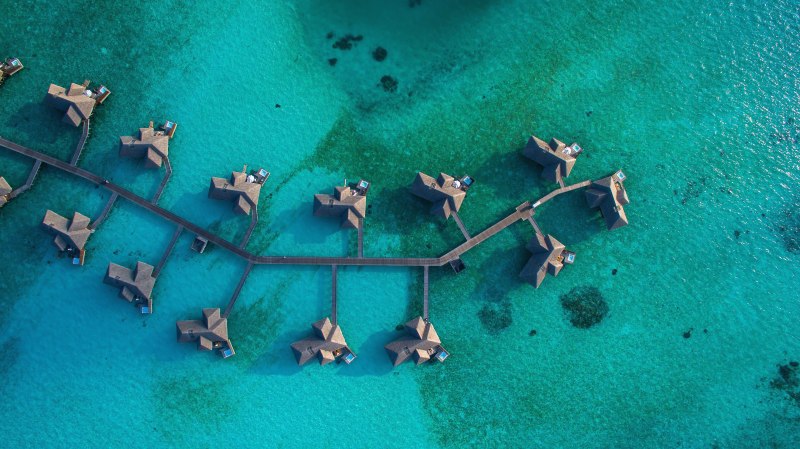 Complesso di bungalow in legno costruiti su palafitte sopra un mare turchese e trasparente. Le strutture sono collegate da passerelle in legno in una disposizione ramificata.