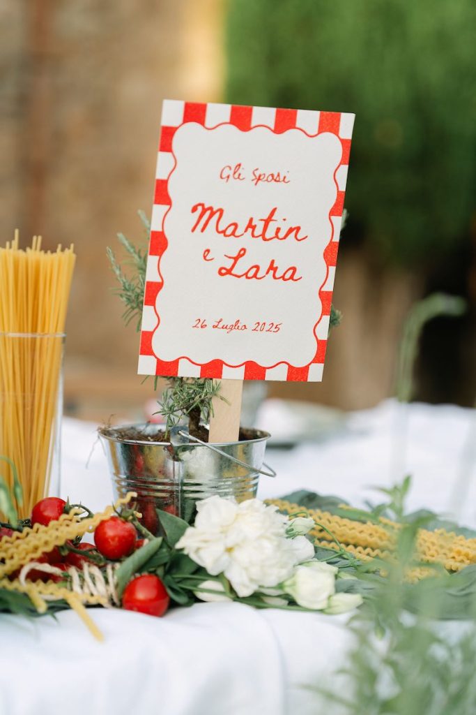 In questa foto il dettaglio di una mise en place di Simona Filasto a tema italiano nei toni del verde, del bianco e del rosso con il nome degli sposi