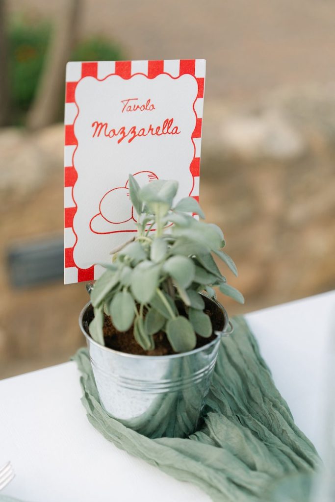 In questa foto il dettaglio di una mise en place di Simona Filasto a tema italiano nei toni del verde, del bianco e del rosso con il nome del tavolo