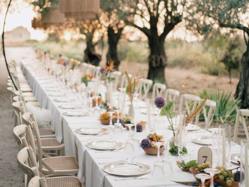In questa foto, un lungo tavolo nuziale è allestito all’aperto, tra alberi di ulivo in una suggestiva location di campagna. La tavola è coperta da una tovaglia bianca, apparecchiata con piatti in ceramica chiara, bicchieri in vetro e decorazioni floreali dai toni naturali e mediterranei. Le sedie sono in legno chiaro, con seduta intrecciata. La scena richiama uno stile rustico ed elegante, perfettamente in linea con le tendenze mise en place 2026 che valorizzano l’autenticità e il contatto con la natura.