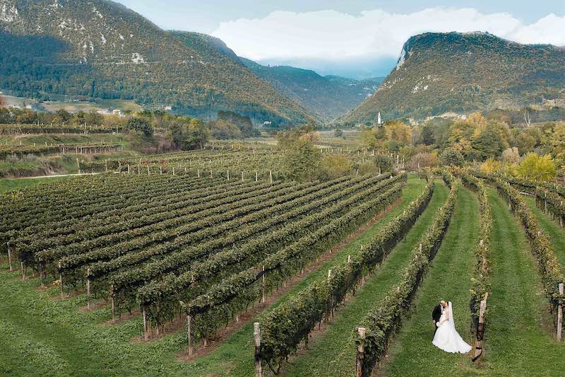 In questa foto, una vista dall'alto della Vigna Covazzi dove, sulla destra, due sposi posano scambiandosi un bacio