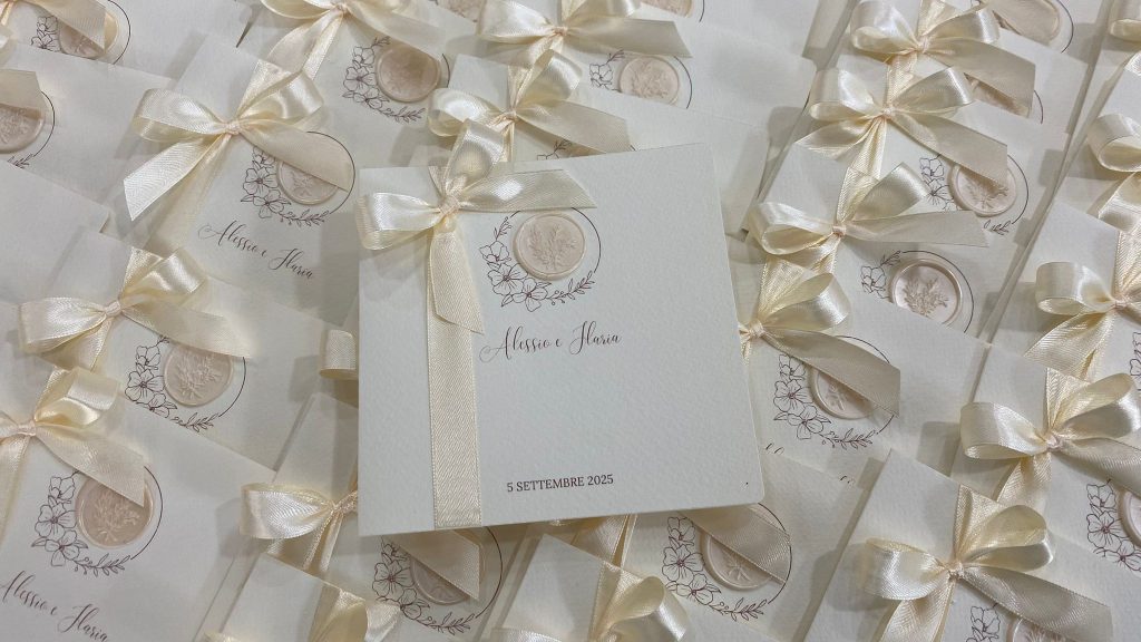 In questa foto si vede una delle Bomboniere di Sabrina rappresentata da una partecipazione di matrimonio in cartoncino chiaro, decorata con un nastro in raso avorio annodato lateralmente. Al centro è visibile un sigillo circolare con motivo floreale in rilievo; sulla superficie sono stampati i nomi degli sposi e la data del matrimonio. Le partecipazioni sono disposte sovrapposte, creando un effetto ordinato e armonioso.