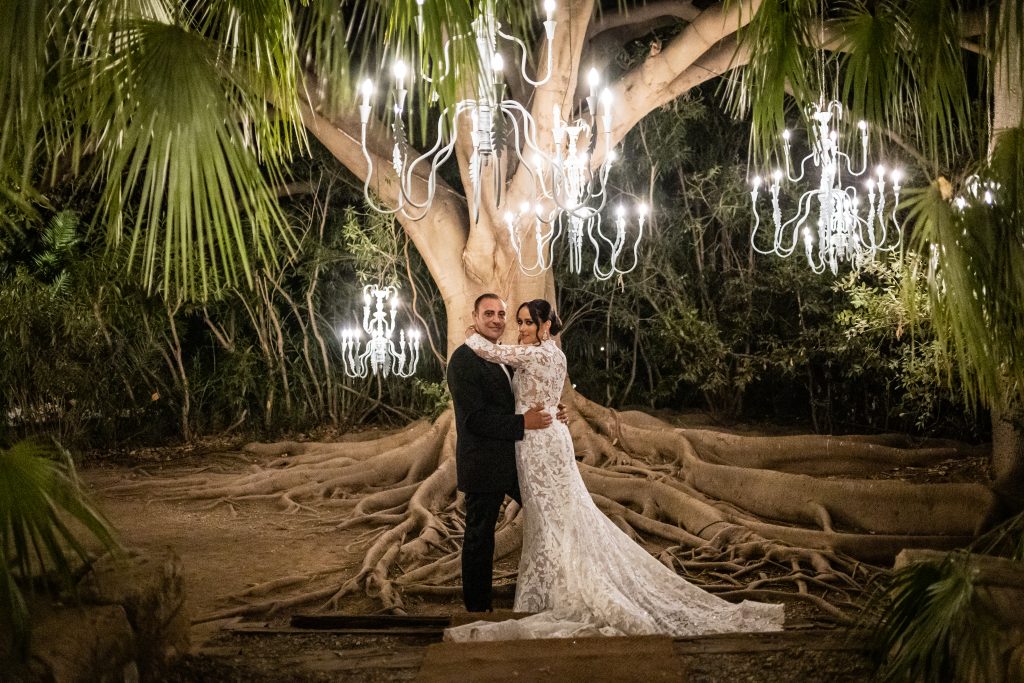 In questa foto si vede una delle fotografie di matrimonio di Davide Meli, una coppia di sposi abbracciata sotto un grande albero, circondata da radici affioranti e lampadari accesi sospesi tra i rami.