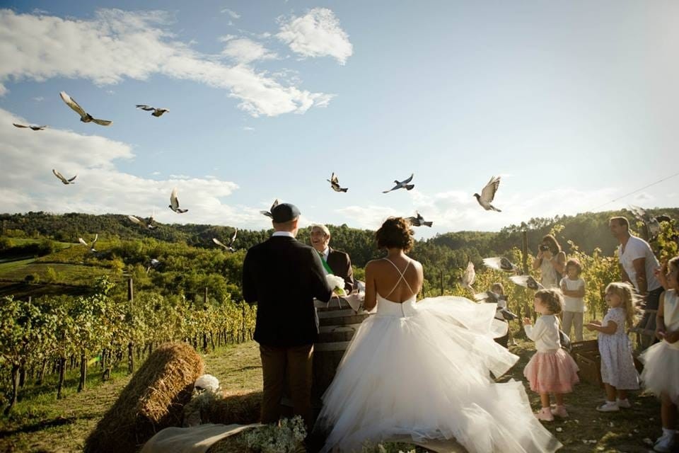 In questa foto si vede una delle caratteristiche dei matrimoni Gen Z, con una cerimonia immersa nella natura tra vigneti e ospiti, mentre uccelli in volo completano l'immagine descrivendo un’atmosfera poetica e non convenzionale.