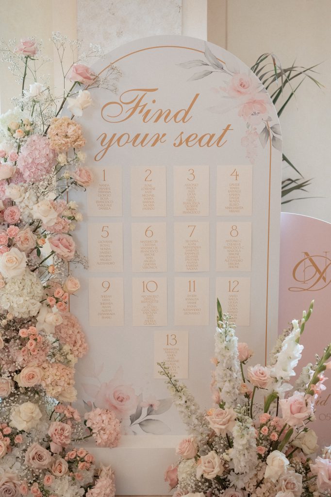 In questa foto si vede un tableau de mariage con scritta “Find your seat” in tonalità cipria e oro, circondato da composizioni floreali rosa e bianche, con l’elenco dei tavoli disposto in riquadri ordinati, realizzato nello stile coordinato di Chiara di Bari.