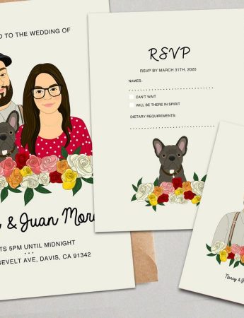 Partecipazione di matrimonio con la caricatura dei futuri sposi e... cane