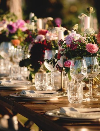In questa foto una mise en place per matrimonio in stile luxury nei toni del rosa, del viola e dell'oro