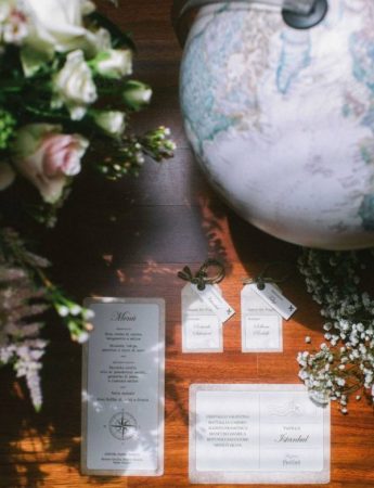 In questa foto un tableau de mariage a tema viaggi
